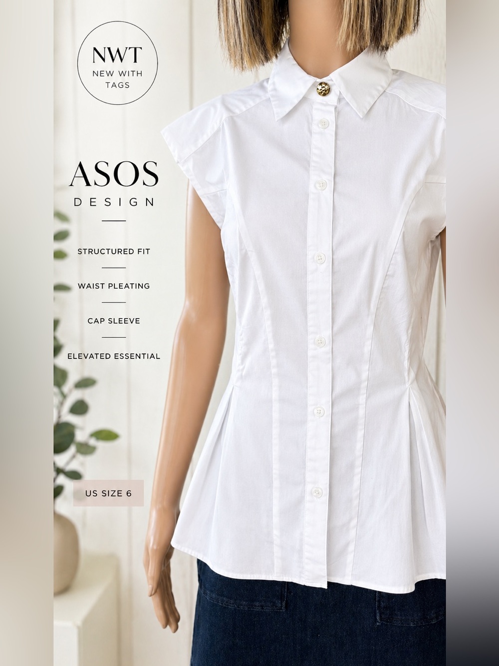 ASOS Design White Structured Peplum Blouse Cap Sleeve Button Front US 6 NWT